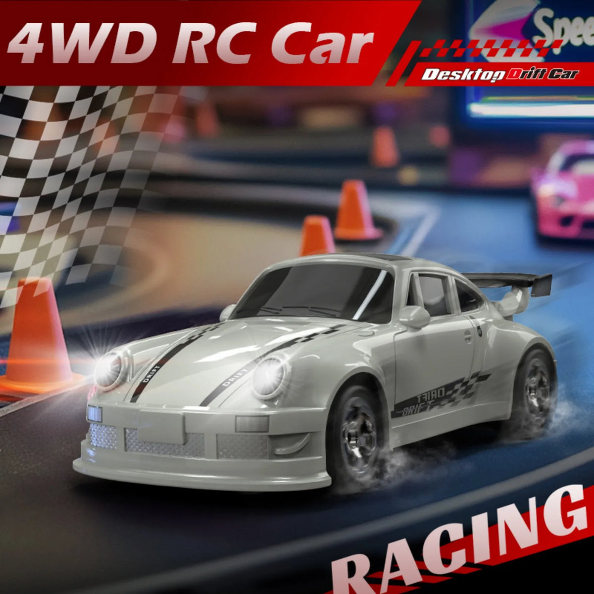 A white 4WD RC car is shown racing on a track with checkered flags and orange cones.