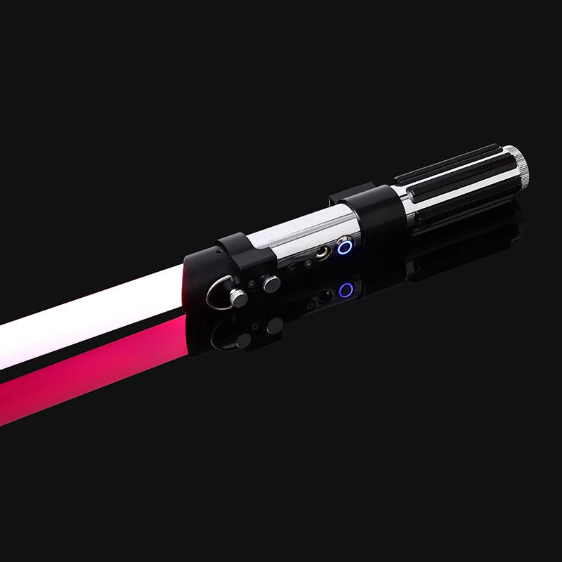 An RGB metal lightsaber with a pink blade and black hilt, shown against a dark background.