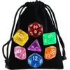 A black drawstring bag filled with a set of transparent polyhedral dice including a d20, d10, d8, d6, d4, and d12.