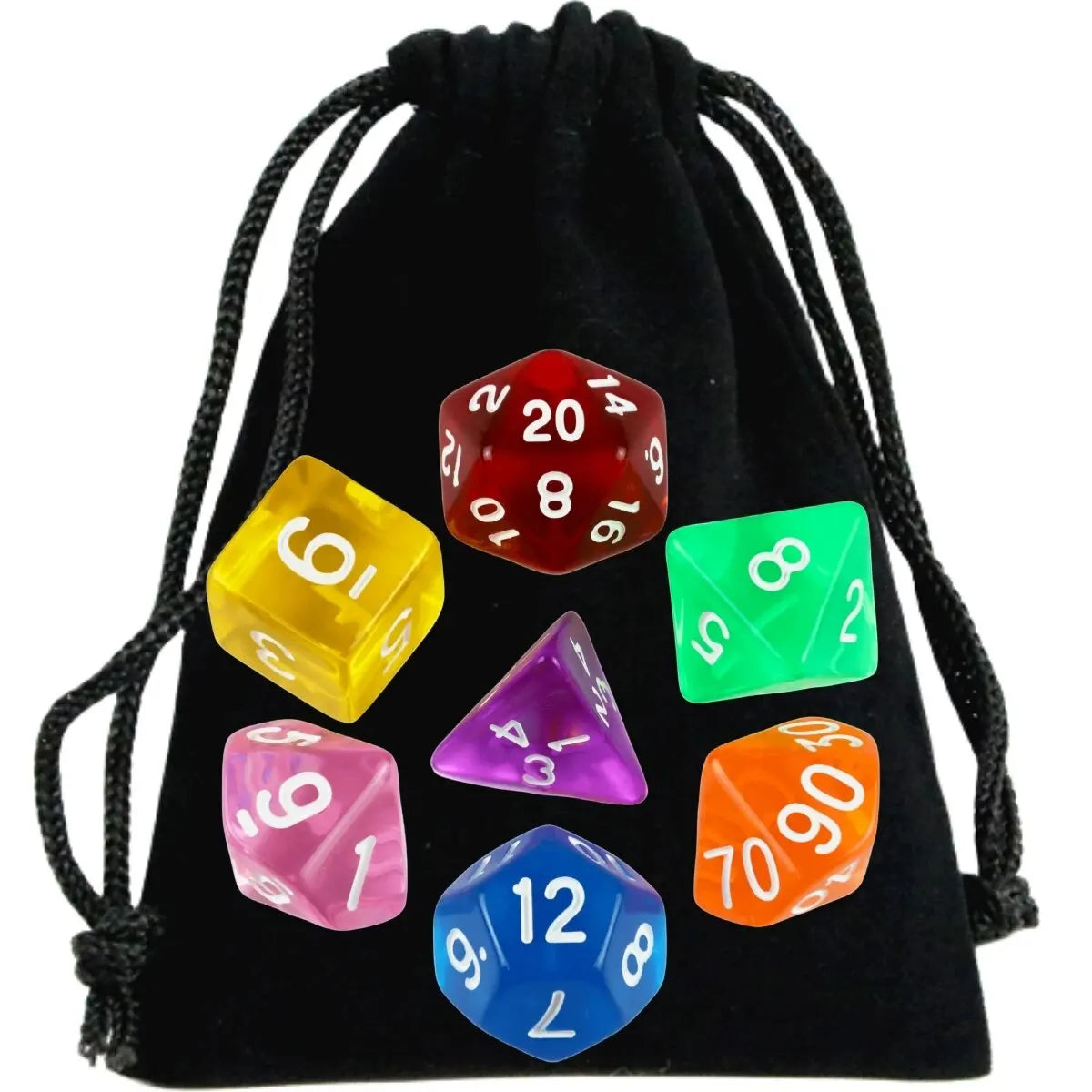 A black drawstring bag filled with a set of transparent polyhedral dice including a d20, d10, d8, d6, d4, and d12.