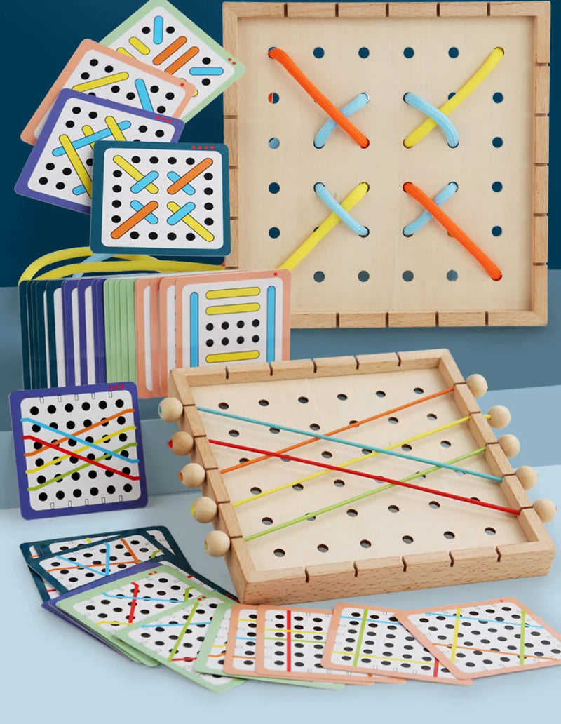 Wooden lacing boards and colorful ropes for children's shoe-tying practice and Montessori activities