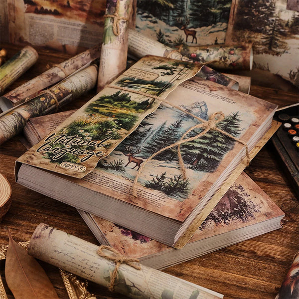 A stack of vintage decorative paper sheets and rolled parchment scrolls on a wooden surface.