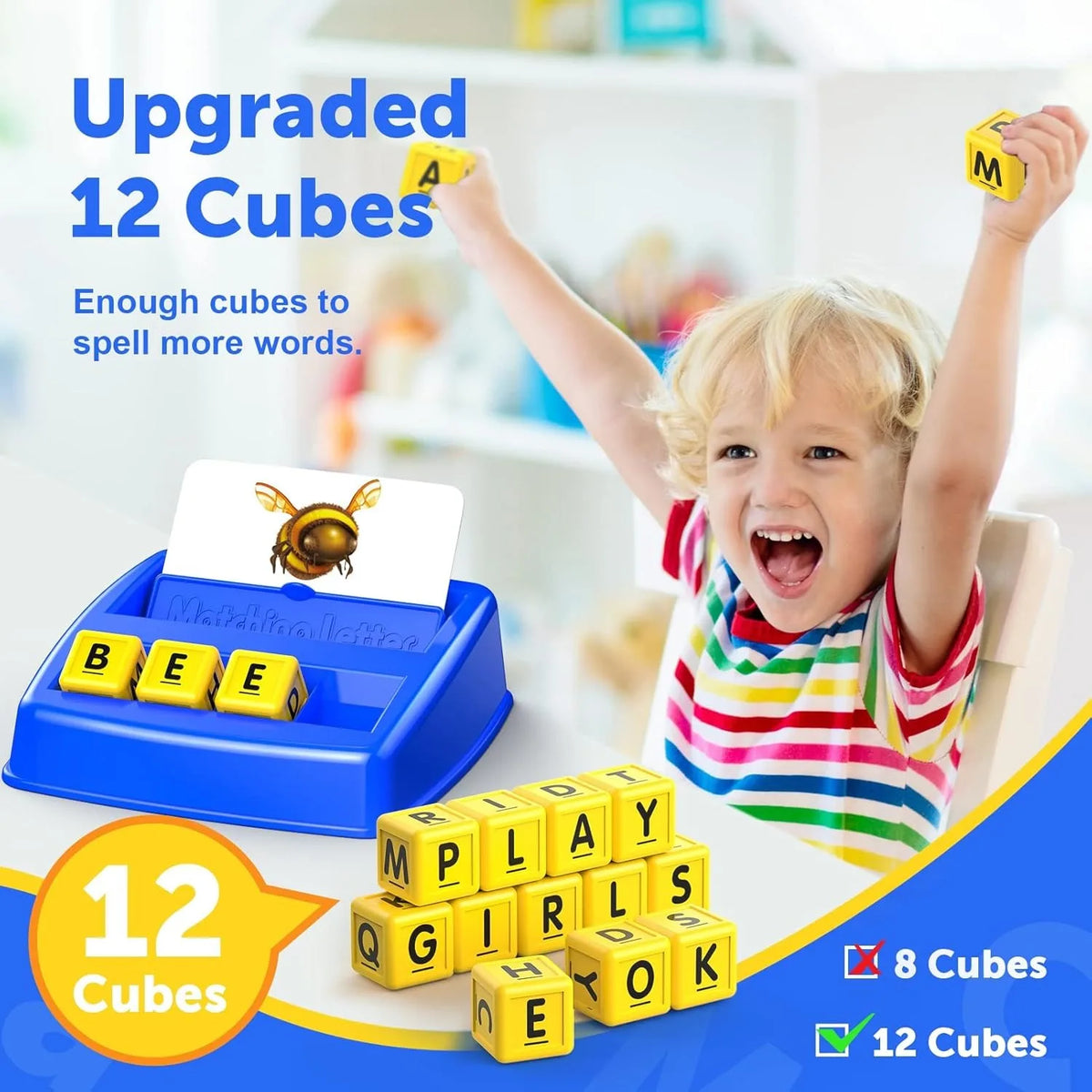 A young child is playing with yellow letter cubes and a blue matching game set for educational spelling.