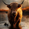 A Highland cow with horns standing in shallow water at sunset