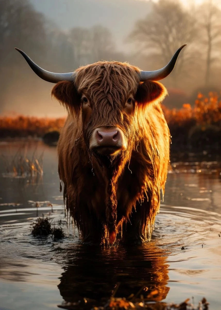 A Highland cow with horns standing in shallow water at sunset