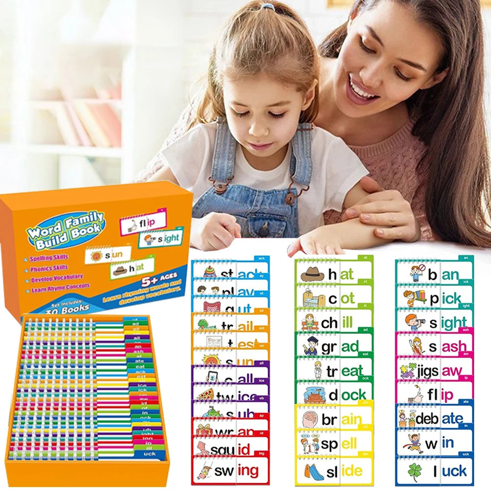A child and woman look at a colorful Word Family Build Book and flash cards for early readers.