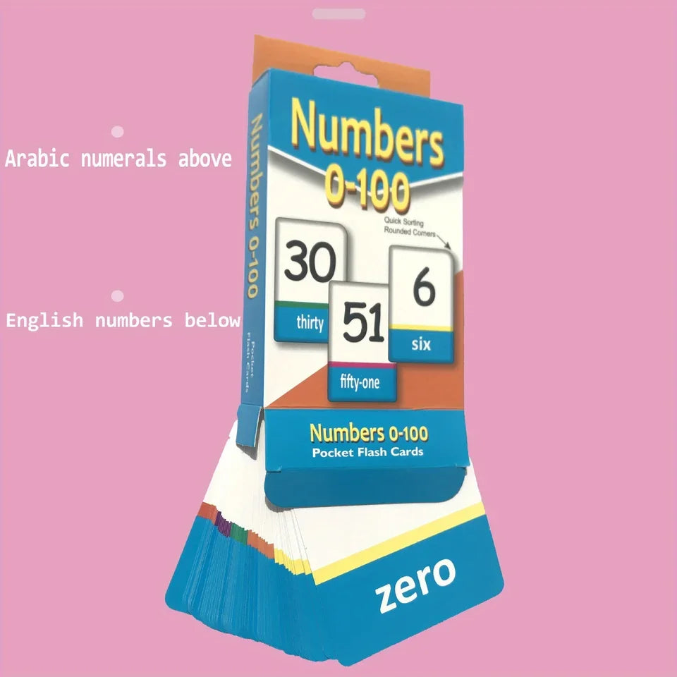 A pack of Numbers 0-100 flashcards showing Arabic numerals above and English numbers below