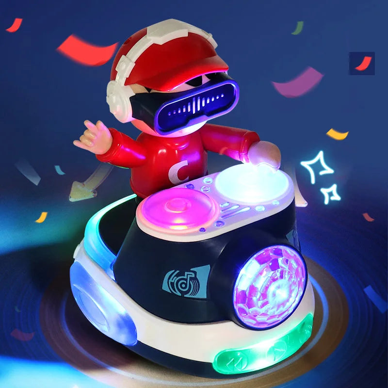 Un robot rouge et blanc conduit une voiture DJ interactive avec des lumières musicales vives.
