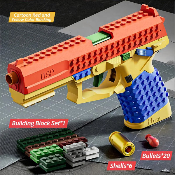 An orange and yellow building block toy gun with green accents, surrounded by various building blocks and ammunition.