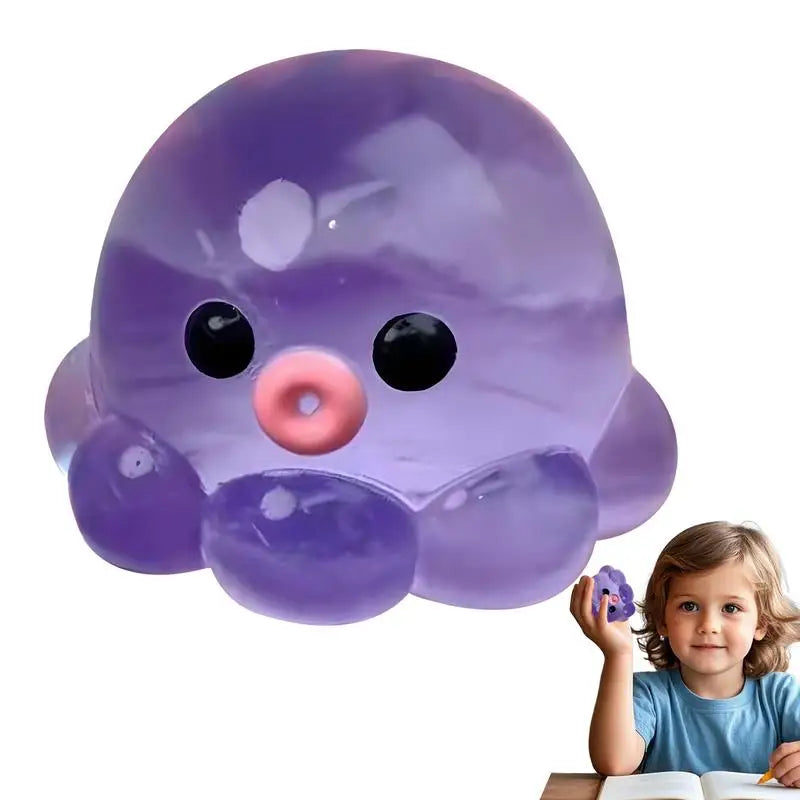 A purple octopus squishy stress ball with black eyes and a pink nose is shown next to a young child.
