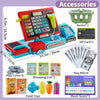 A set of pretend play cash register with a calculator, accessories like baskets and cards, and various food toys.