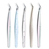 A set of five precision stainless steel tweezers for sticker crafting shown in various angles.