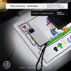 A white mouse pad featuring a hand-drawn design of a laptop, a smartphone, and a gaming mouse.