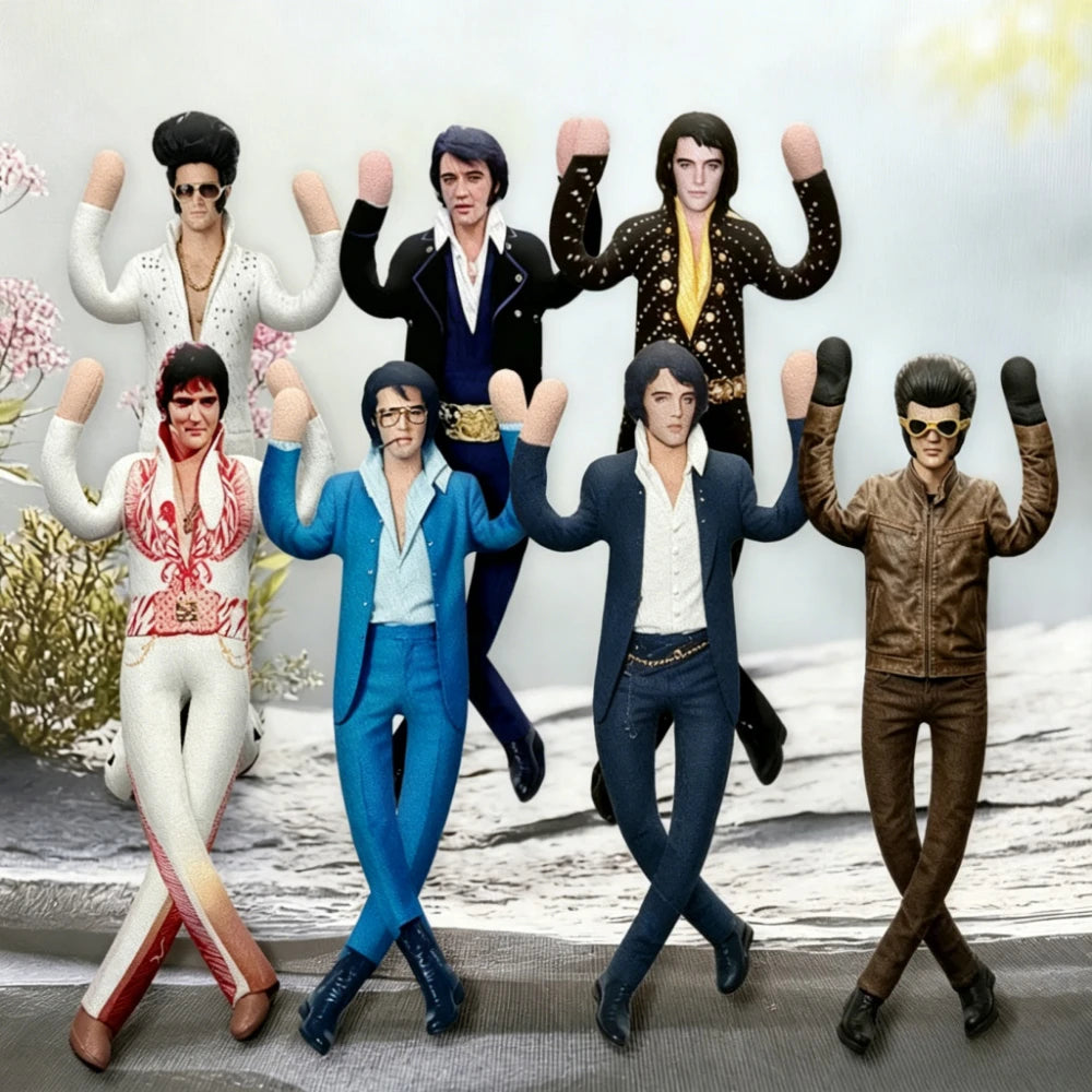 A collection of five poseable Elvis Presley Cat King plush dolls standing in a line against a white background.