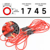 A bundle of red rubber slingshots with black grips and elastic bands, shown next to a dimension diagram.