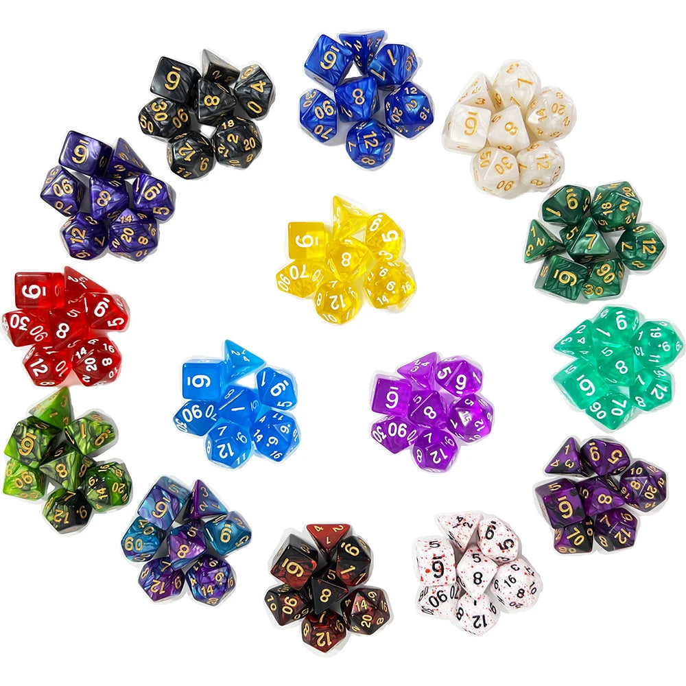 A collection of polyhedral dice in various colors and sizes for tabletop role-playing games