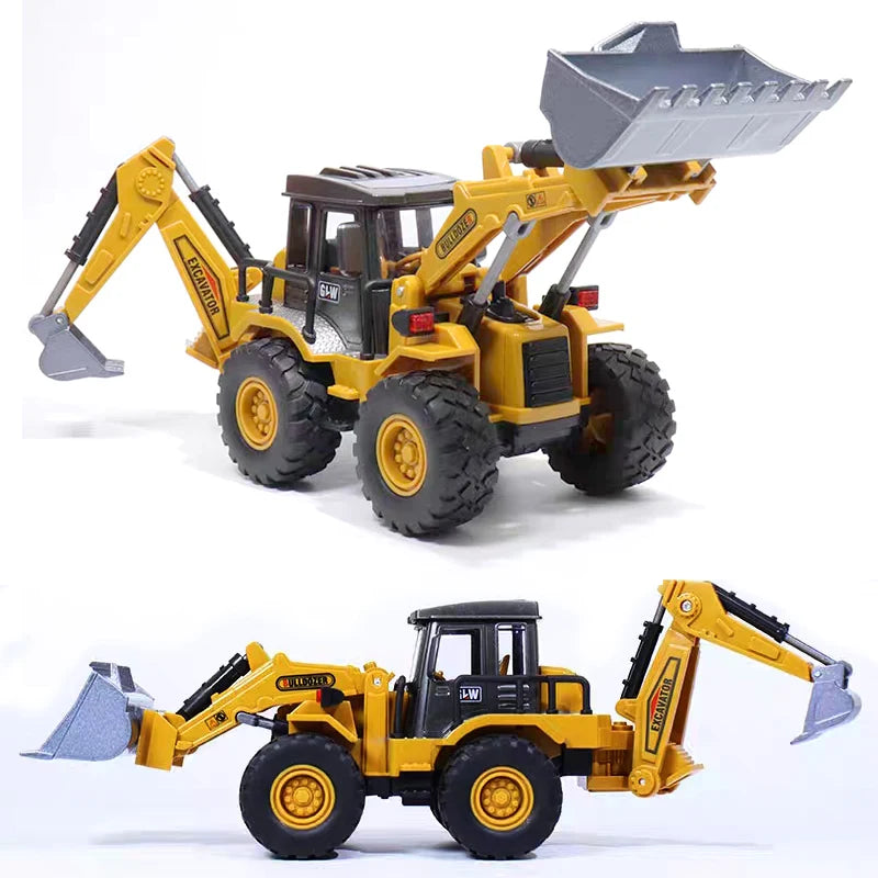 A yellow diecast construction vehicle set featuring a loader and a dump truck.