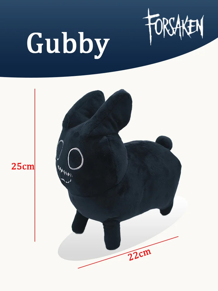 A black soft plush rabbit stuffed toy with large eyes and ears.