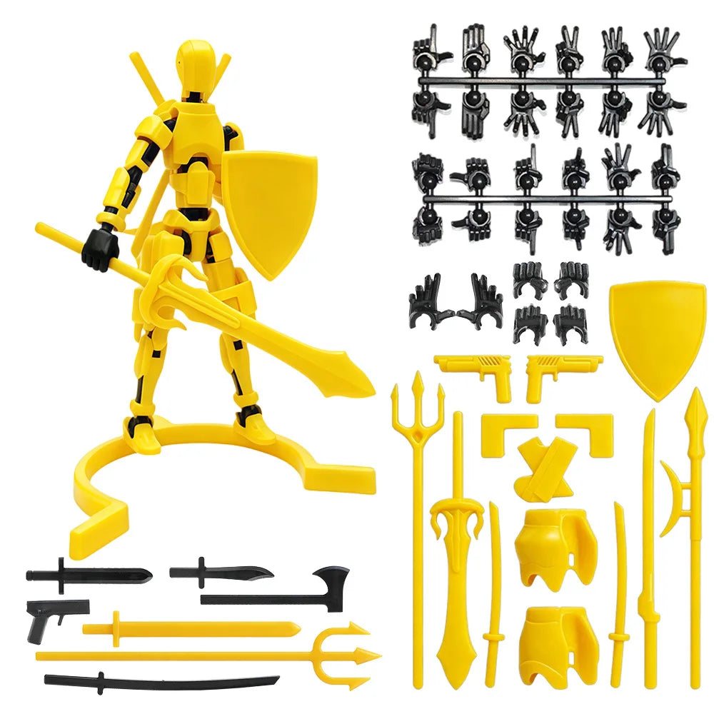 A yellow magnetic multi-jointed action figure building set with various accessories and a display stand.