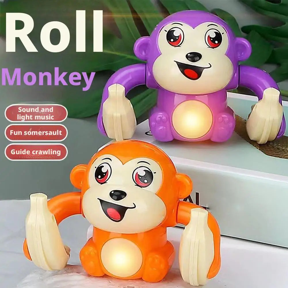 A purple monkey toy and an orange monkey toy are shown on a white surface.