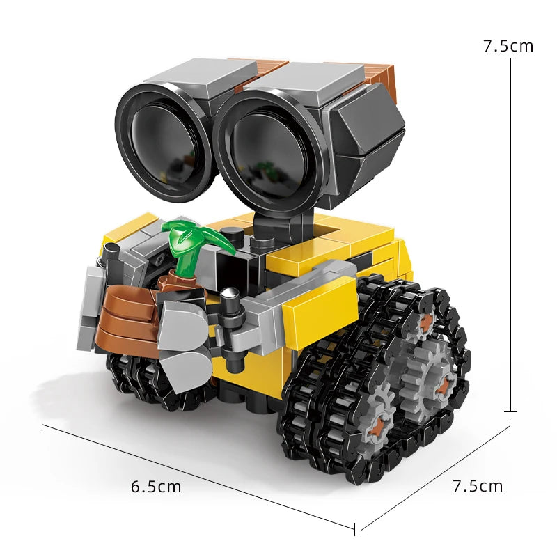 A yellow and gray building block set featuring a vehicle with large headlights and a green plant on top.