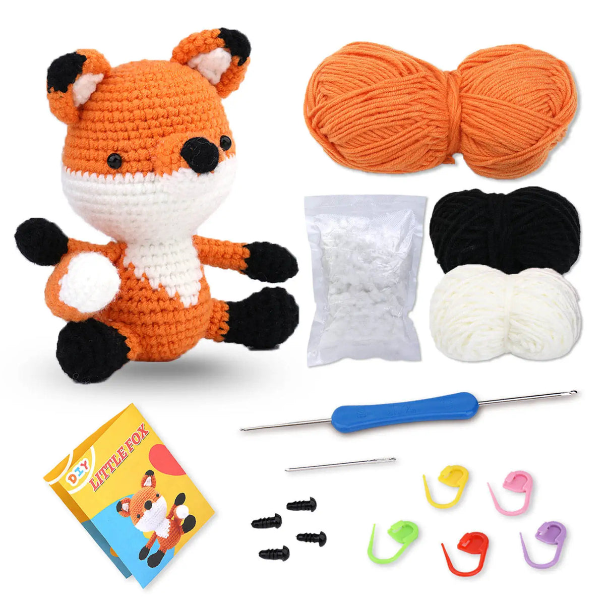 Beginner crochet fox kit with yarn, tools, and tutorials for making an animal project