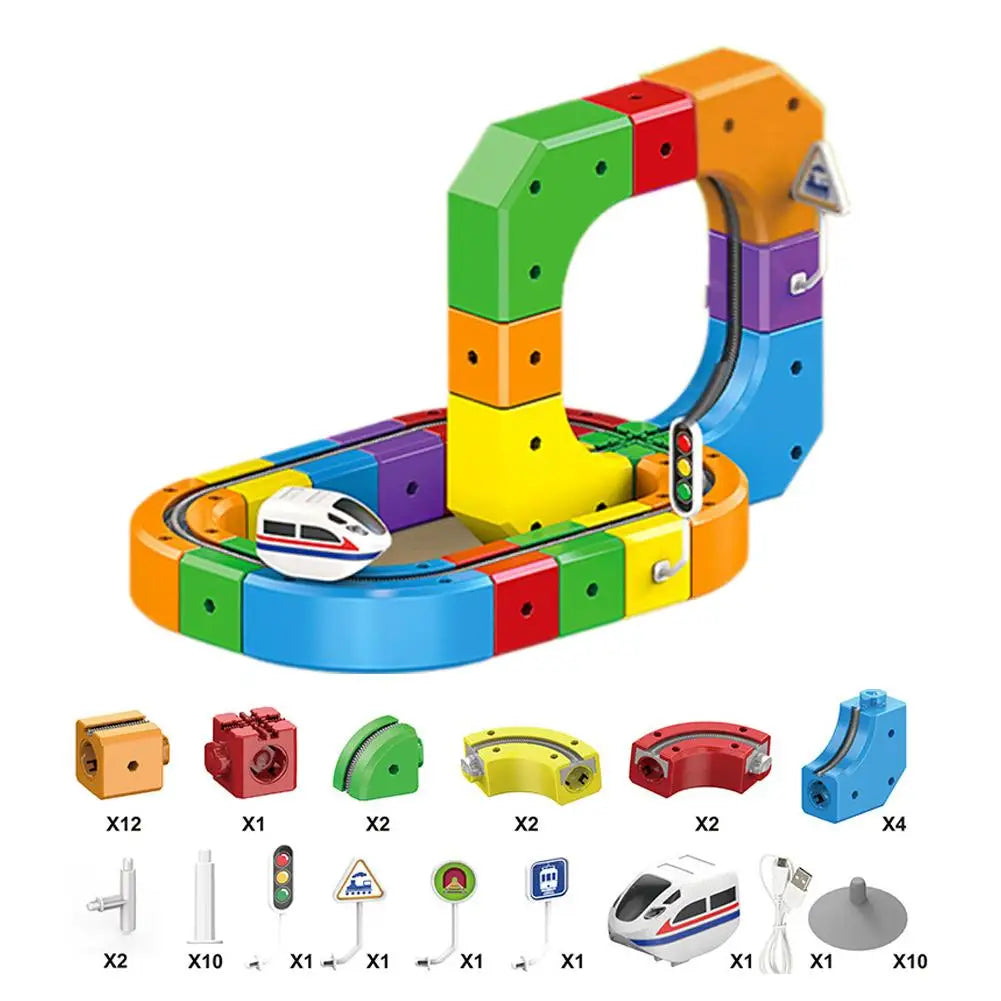 A colorful 3D magnetic cube track building set featuring a USB rechargeable train and various building pieces.