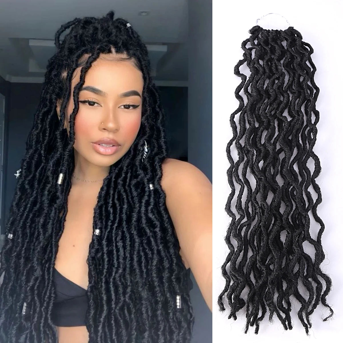 A close-up of long black goddess faux locs crochet hair extensions with soft curly ombre texture.