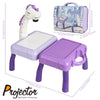 A purple projector unit with a unicorn head and a tray is shown next to its carrying case.