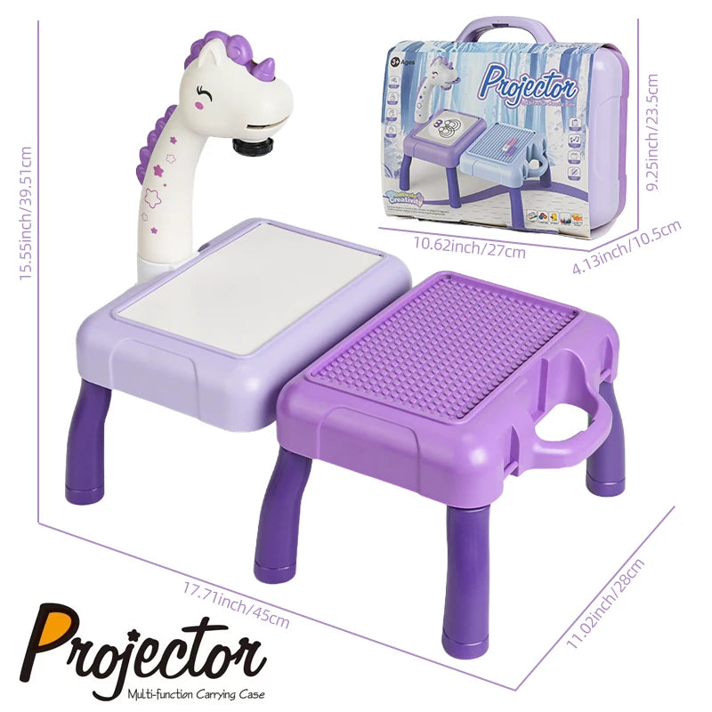A purple projector unit with a unicorn head and a tray is shown next to its carrying case.