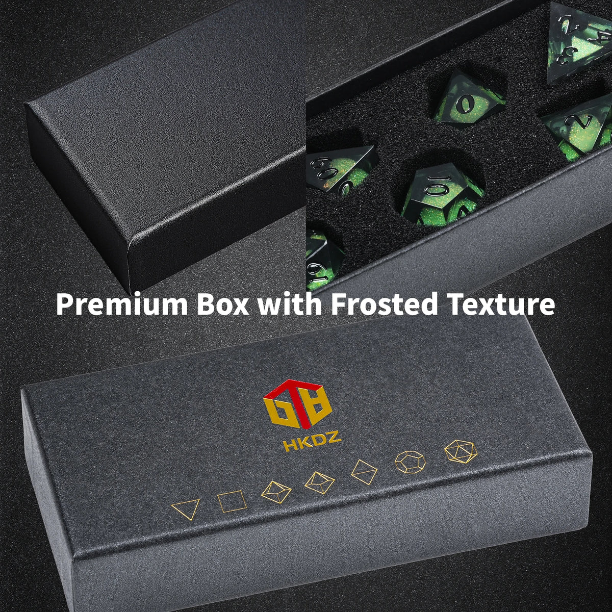 A premium black box with a frosted texture containing seven green polyhedral dice.