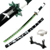 A black and white bamboo cosplay sword with a green blade and a decorative hilt is shown.