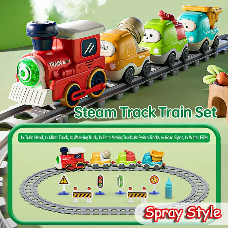A set of colorful steam train toys including a red train, yellow train, and green train on a track.