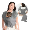 A woman is wearing an X-shaped baby sling carrier with multifunctional back support, shown alongside a diagram of the product