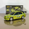 A lime green die-cast sports car model displayed in front of its packaging box.