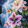 A vibrant painting featuring pink and white lily flowers with green leaves and water droplets.