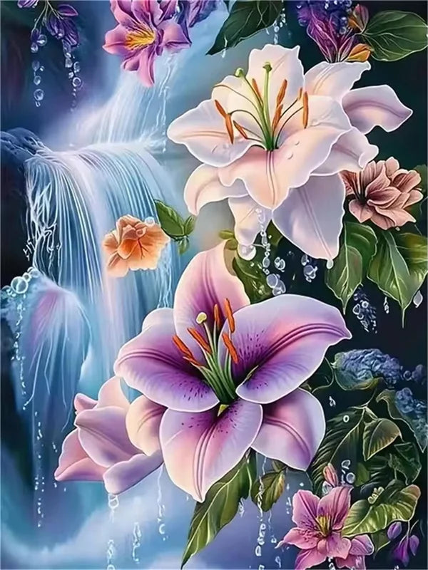 A vibrant painting featuring pink and white lily flowers with green leaves and water droplets.
