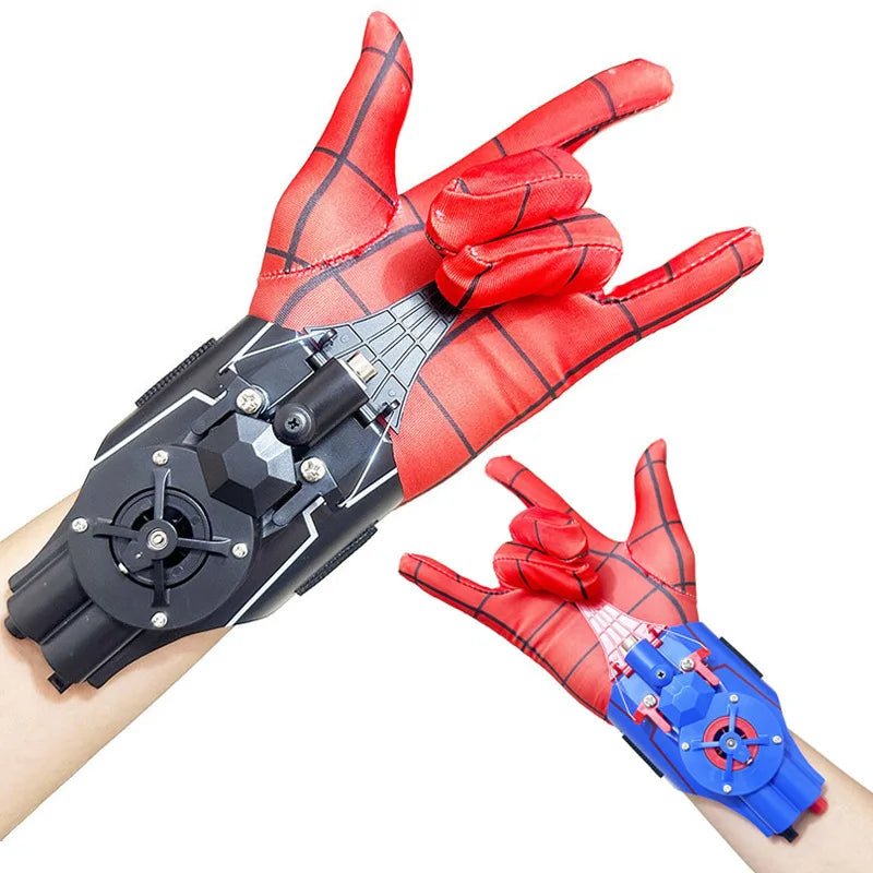 Red and black web shooter glove with retractable shooters mounted on the wrist for cosplay