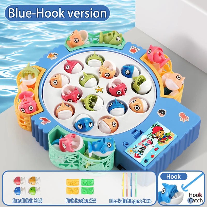 Blue-Hook version of a magnetic rotating fishing game plate with various fish figures and accessories