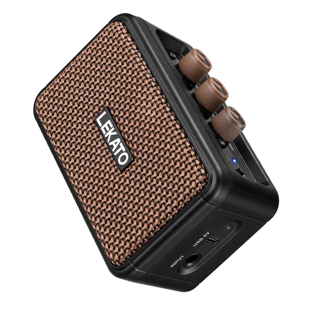 A black portable guitar amplifier with a textured front panel and dual knobs is shown from an angle.