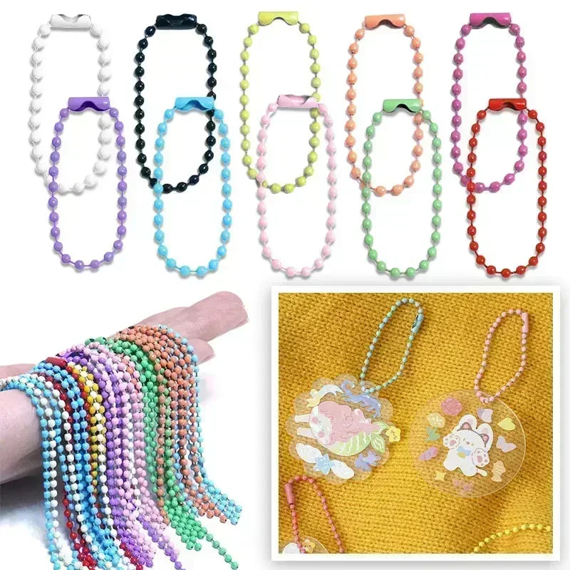 Various colored ball bead chains and finished jewelry pieces for DIY projects