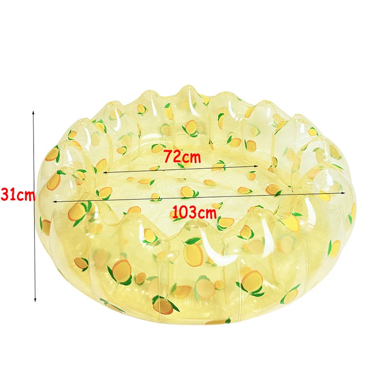 A yellow inflatable round toddler pool designed for outdoor water and sand play.