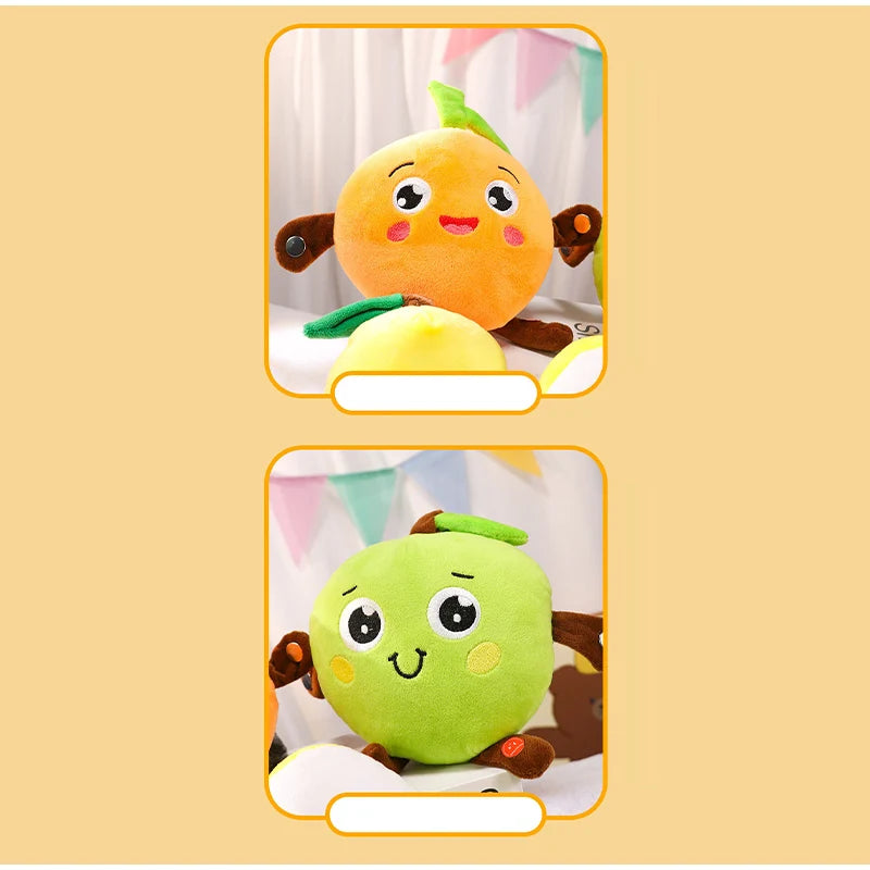 Jouet en peluche interactif de fruit jaune et vert avec de grands yeux et de petites pattes.