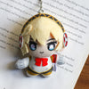 A fluffy blonde anime character plushie pendant charm with large blue eyes and a red bow.