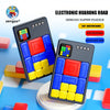 Two electronic Huorong Road Sengso Super Puzzle slide puzzles with colorful blocks and question banks are displayed on a blue