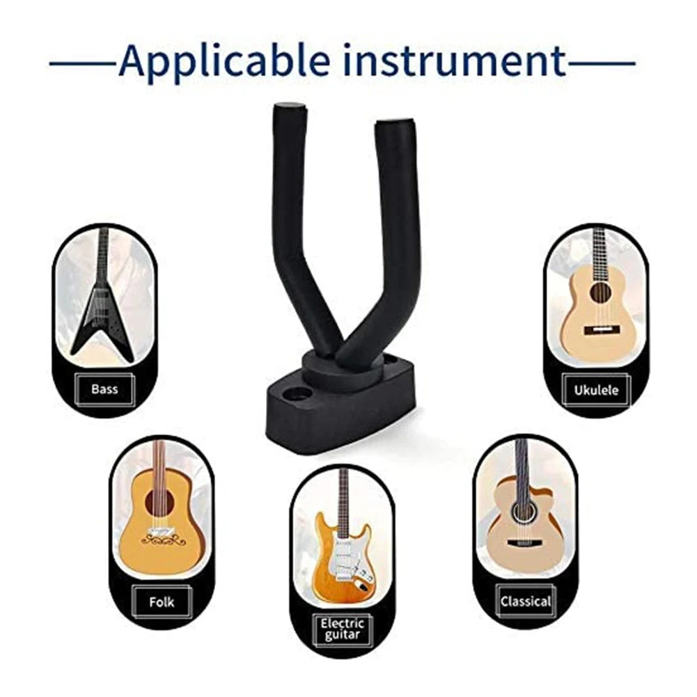 A set of black wall mount guitar hangers, including a bass, ukulele, folk guitar, and classical guitar.