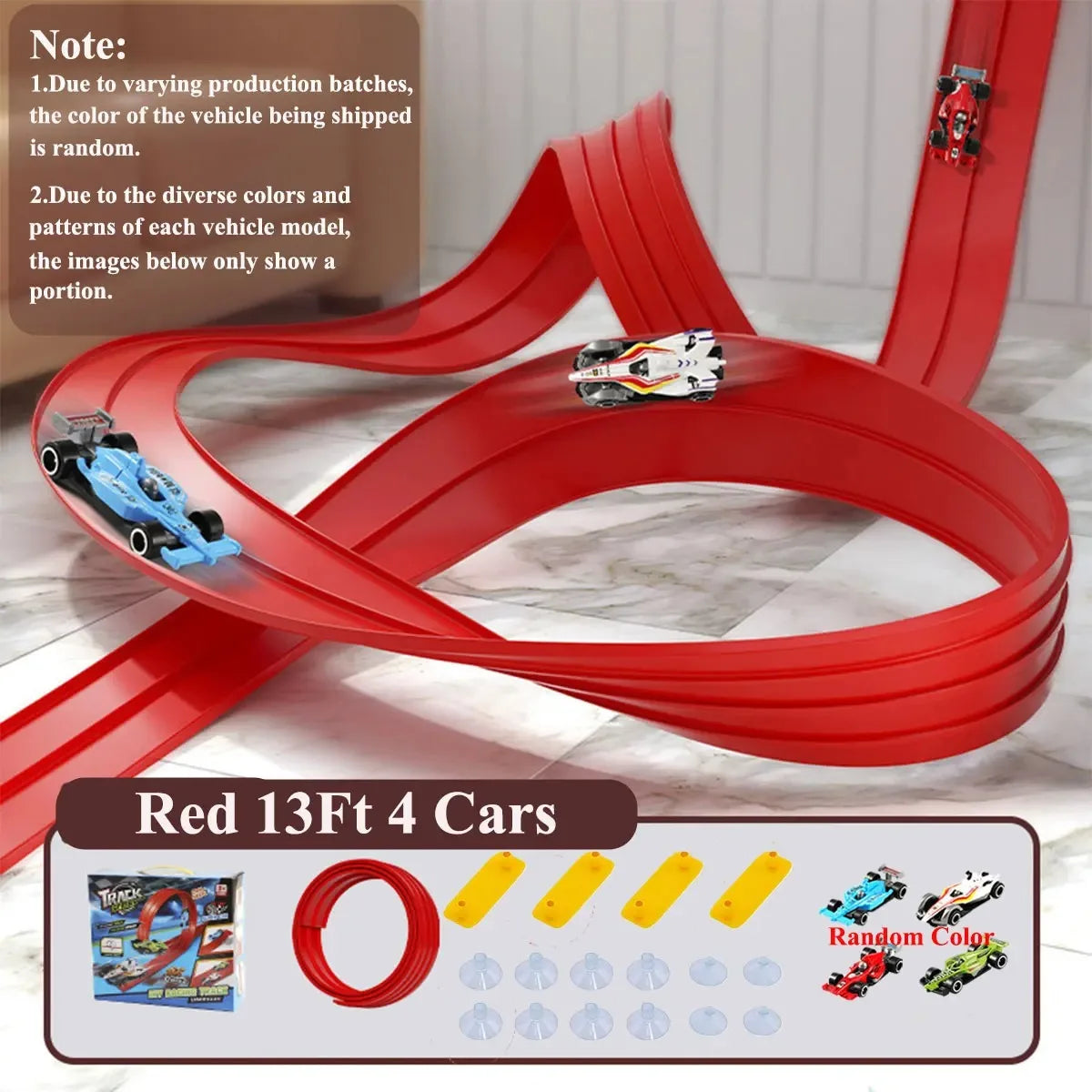 Red flexible track racing car set with various colored cars and track pieces for building
