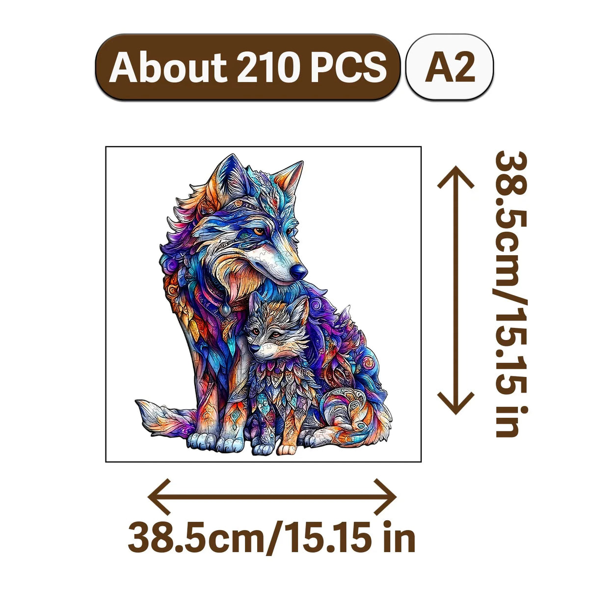 A jigsaw puzzle featuring a fox and a bear, with dimensions of 38.5cm by 38.5cm.