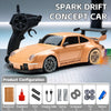 A detailed model of a Spark Drift Concept Car racing sports car is shown next to its components.