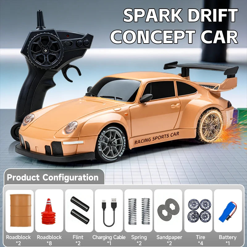 A detailed model of a Spark Drift Concept Car racing sports car is shown next to its components.